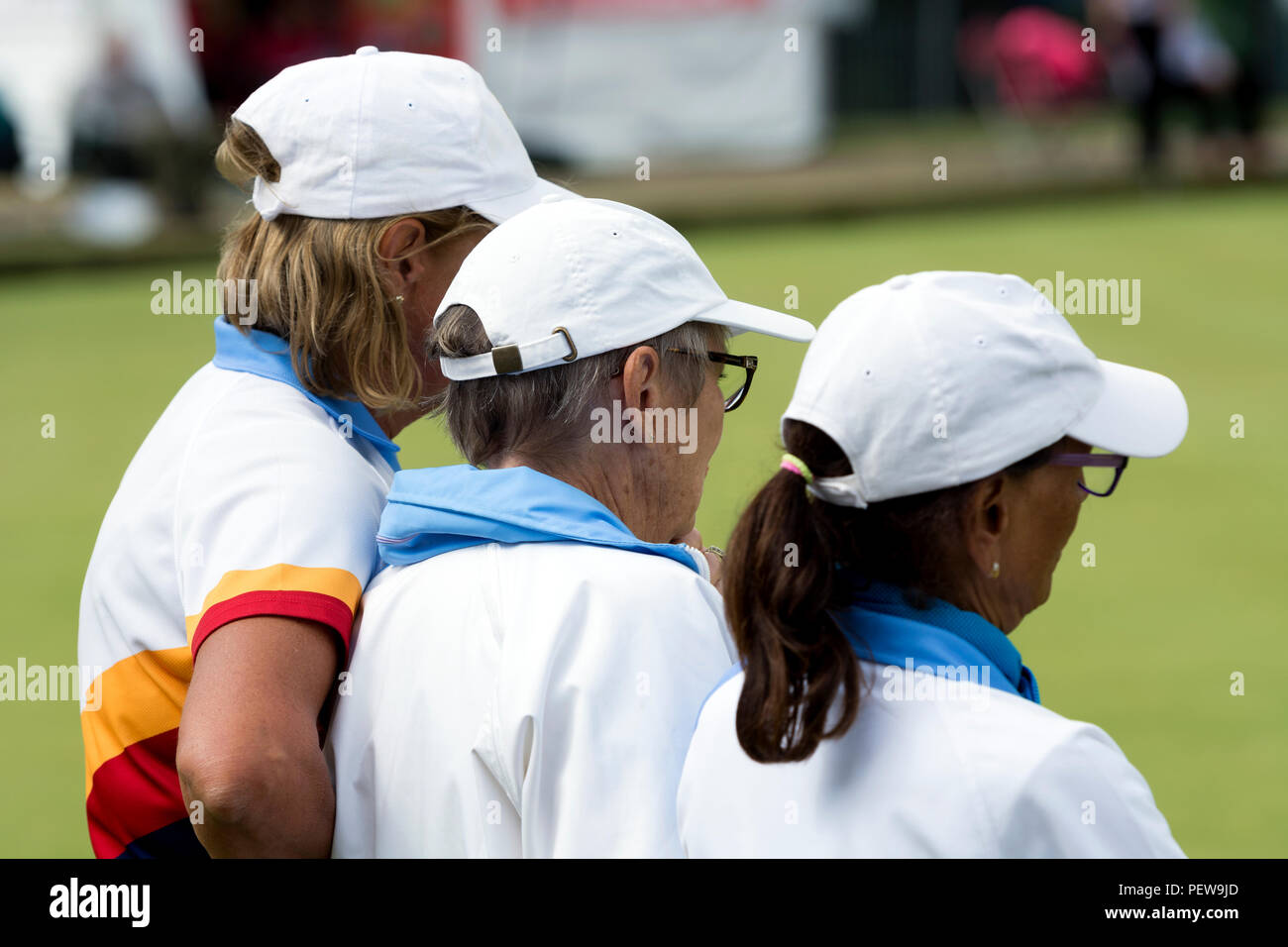 Players watching a delivery at the national women`s lawn bowls championships, Leamington Spa, UK Stock Photo